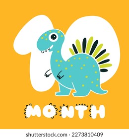 Dinosaur with number ten. Color cute card character illustration. Hand drawn cute dino sticker on colored background. Perfect for celebrating a birthday, a month of age