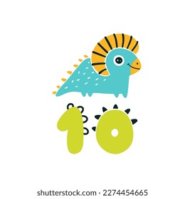 Dinosaur with number ten. Color cute nursery card character illustration. Vector dino cartoon doodle isolated on white background. Perfect for celebrating a birthday, a month of age