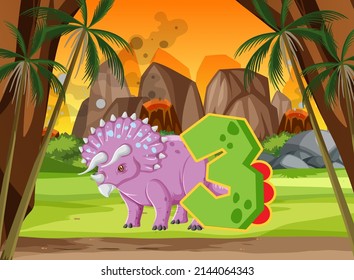 A dinosaur with number three cartoon illustration