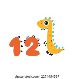 Dinosaur with number twelve. Color cute nursery card character illustration. Vector dino cartoon doodle isolated on white background. Perfect for celebrating a birthday, a month of age