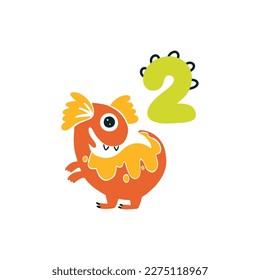 Dinosaur with number two. Color cute nursery card character illustration. Vector dino cartoon doodle isolated on white background. Perfect for celebrating a birthday, a month of age