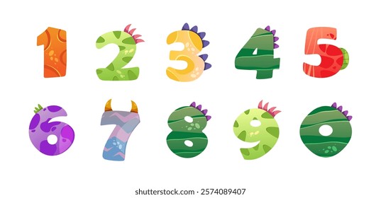 Dinosaur numbers with spikes and horns. Vector isolated creative childish typography design, numeric digits and characters for text. Learning to count, elementary and preschool education