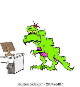 Dinosaur in the office with a computer and desk