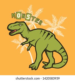 Dinosaur on the background of palm trees. Vector illustration for printing on fabric, packaging, Wallpaper. Cute baby background.