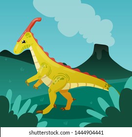 dinosaur on the background of a volcano in a prehistoric landscape, golboy background, sky.