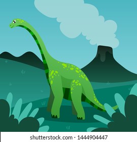 dinosaur on the background of a volcano in a prehistoric landscape, golboy background, sky. green dinosaur