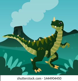 dinosaur on the background of a volcano in a prehistoric landscape, golboy background, sky. green dinosaur