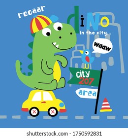 Dinosaur on a car.  Funny animal cartoon vector illustration.