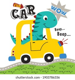 dinosaur on the car funny animal cartoon