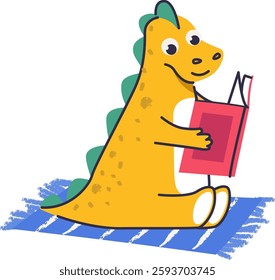 Dinosaur On Carpet Reading Book Vector Illustration