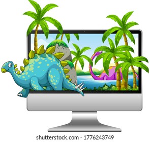 Dinosaur on computer screen background illustration
