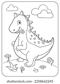 Dinosaur on the lawn. Coloring book for children. Vector black and white illustration.