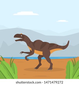 Dinosaur on Mountain Landscape, Prehistoric Animal on Nature Background Vector Illustration