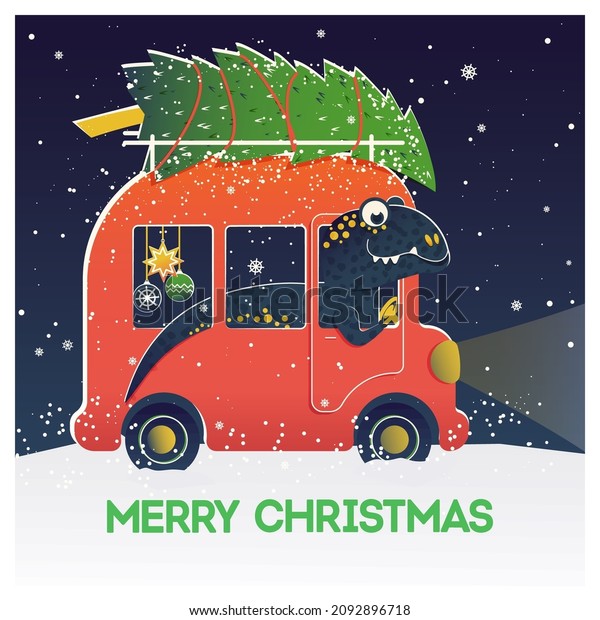 dinosaur on a red car carries a Christmas tree Merry\
Christmas card