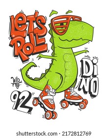 Dinosaur on roller skates. Extreme sports on the street. Vector illustration.