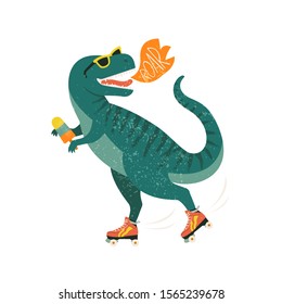 Dinosaur on roller skates with ice cream. Roar. Vector illustration.