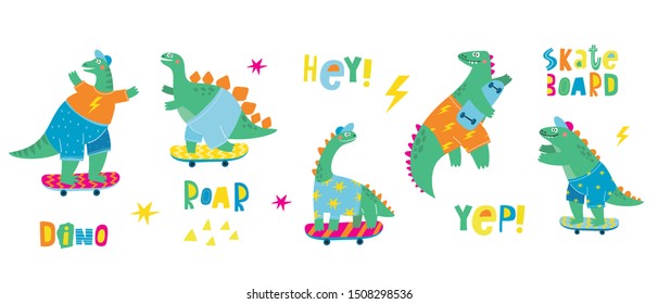 Dinosaur on a skateboard in the city. Extreme sport cartoon character dino. Character dinosaur skateboarder vector print for t-shirts.