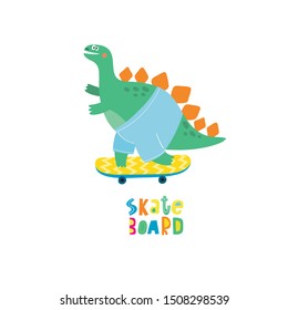 Dinosaur on a skateboard in the city. Extreme sport cartoon character dino. Character dinosaur skateboarder vector print for t-shirts.