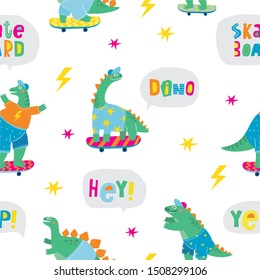 Dinosaur on a skateboard in the city. Extreme sport cartoon character dino. Character dinosaur skateboarder vector print for t-shirts. Seamless pattern
