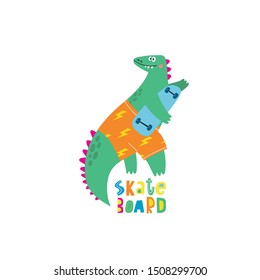 Dinosaur on a skateboard in the city. Extreme sport cartoon character dino. Character dinosaur skateboarder vector print for t-shirts.