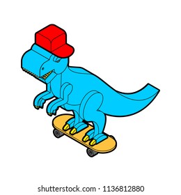 Dinosaur on skateboard. Dino Teenager cool. Tyrannosaurus rex in cap. Jurassic period beast predator player. Vector illustration
