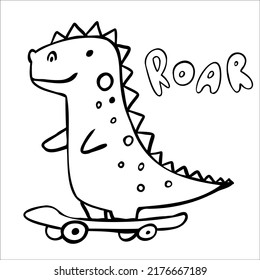 Сute dinosaur on a skateboard isolated on white. Vector illustration. Perfect for print, coloring book, greeting card.
