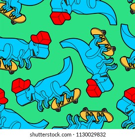 Dinosaur on skateboard pattern seamless. Dino Teenager backgroundl. Tyrannosaurus rex in cap ornament. Jurassic period beast predator player. Vector illustration
