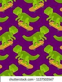 Dinosaur on skateboard pattern seamless. Dino Teenager backgroundl. Tyrannosaurus rex in cap ornament. Jurassic period beast predator player. Vector illustration
