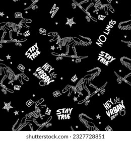  dinosaur on skateboard. Seamless pattern for kids  . Original design with t-rex, dinosaur. print for T-shirts, textiles, wrapping paper, web. 