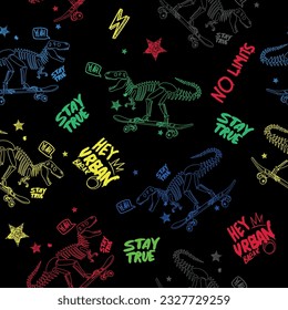  dinosaur on skateboard. Seamless pattern for kids  . Original design with t-rex, dinosaur. print for T-shirts, textiles, wrapping paper, web. 