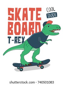 Dinosaur on skateboard. Skateboarding T-rex