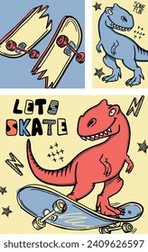  dinosaur on skateboard. Typography print for kids  . Original design with t-rex, dinosaur. print for T-shirts, textiles, wrapping paper, web. 