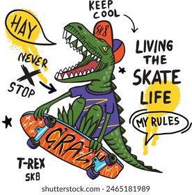  dinosaurio en patineta. Impresión tipográfica para niños . Diseño original con t-rex, dinosaurio. estampado para camisetas, textiles, papel de envolver, Web. 