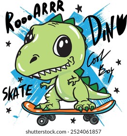  dinosaur on skateboard. Typography print for kids  . Original design with t-rex, dinosaur. print for T-shirts, textiles, wrapping paper, web. 