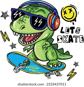  dinosaur on skateboard. Typography print for kids  . Original design with t-rex, dinosaur. print for T-shirts, textiles, wrapping paper, web. 