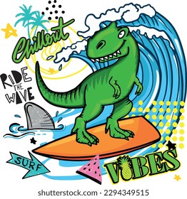  Dinosaurier beim Surfen. Typografie-Druck für Kinder. Originelles Design mit t-rex, Dinosaurier. Druck für T-Shirts, Textilien, Verpackungspapier, Web. 