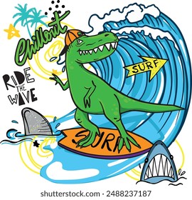 dinosaur on surf. Typography print for kids  . Original design with t-rex, dinosaur. print for T-shirts, textiles, wrapping paper, web. 