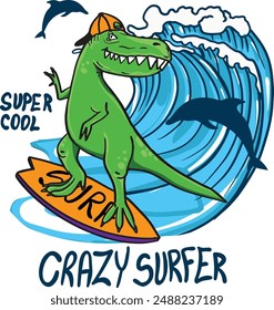 dinosaur on surf. Typography print for kids  . Original design with t-rex, dinosaur. print for T-shirts, textiles, wrapping paper, web. 