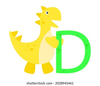 Dinosaurio sobre fondo blanco con la letra D. Estudio de las letras. Dejando. Gráficos vectoriales. Accidente. Tirannosaurus rex, periodo Jurásico. Ilustración en blanco y negro. Impreso para preescolares.
