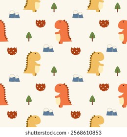 Dinosaur orange yellow cartoon so cute. On tree mountain eggshell background. Pattern seamless vector illustration. 