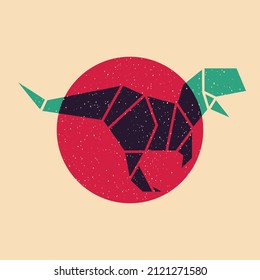 Dinosaur origami. Colorful cute screen printing effect. Riso print effect. Vector illustration. Graphic element  for fabric, textile, clothing, wrapping paper, wallpaper, poster.