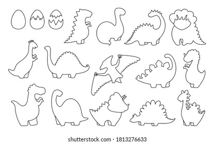 Dinosaur outline cartoon set. Reptile line collection, predators and herbivores dino. Funny linear dinosaurs. Kids design for fabric or textile. Vector illustration isolated