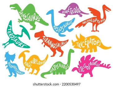 Dinosaur outline with inscriptions inside. Dinosaur silhouettes set. Colorful cartoon characters. Funny vector illustration. Isolated on white background