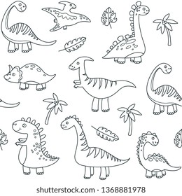 Dinosaur outline seamless pattern. Cute baby dino funny brontosaurus monsters jurassic animals dragon dinosaurs vector kids textile svg
