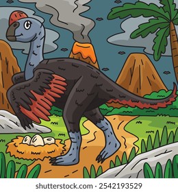 Dinosaur Oviraptor Colored Cartoon Illustration