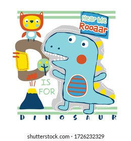 dinosaur and owl funny animal cartoon,vector illustration
