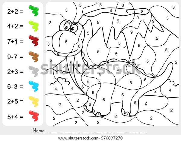 dinosaur painting color by numbers - addition\
and subtraction worksheet for\
education