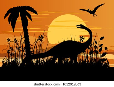 Dinosaur and palm treem grass vector silhouettes, wildlife, nature, scene illustration