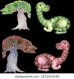 Dinosaur and palm trees, cartoon character. Illustration for children. Traced vector object. Use printed materials, signs, objects, websites, maps, posters, postcards, paint with watercolors.
