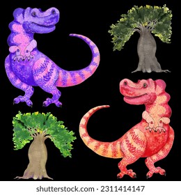 Dinosaur and palm trees, cartoon character. Illustration for children. Traced vector object. Use printed materials, signs, objects, websites, maps, posters, postcards, paint with watercolors.